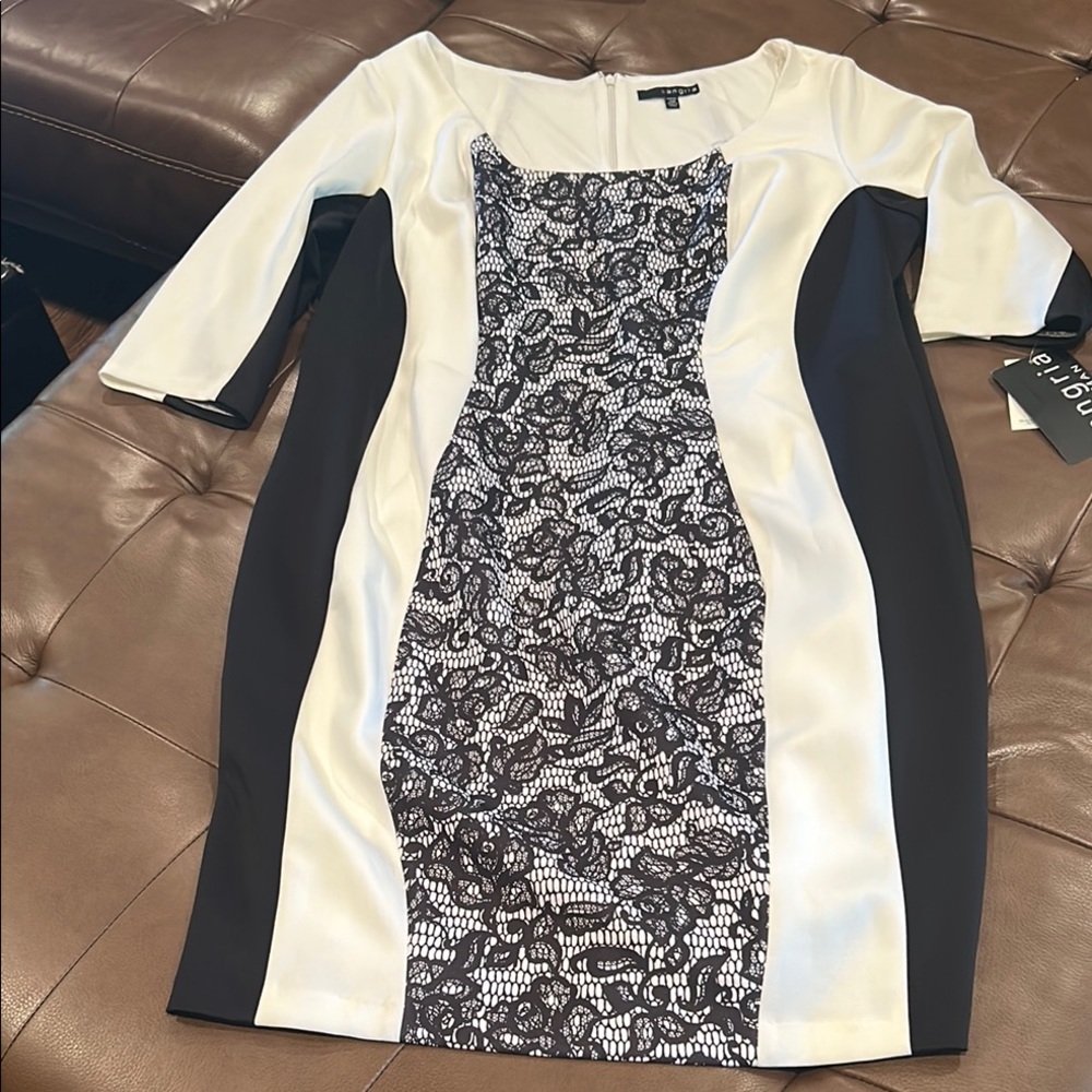 Signature by Sangria Black and White Lace-Panel Midi Dress